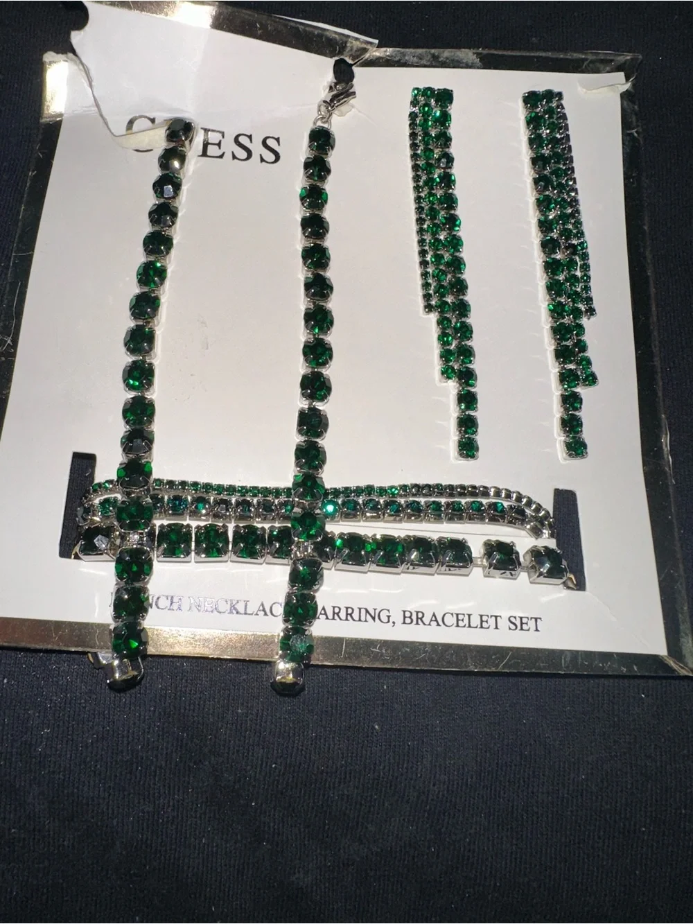 GUESS Green Crystal Bracelet, Necklace & Drop Earrings Set